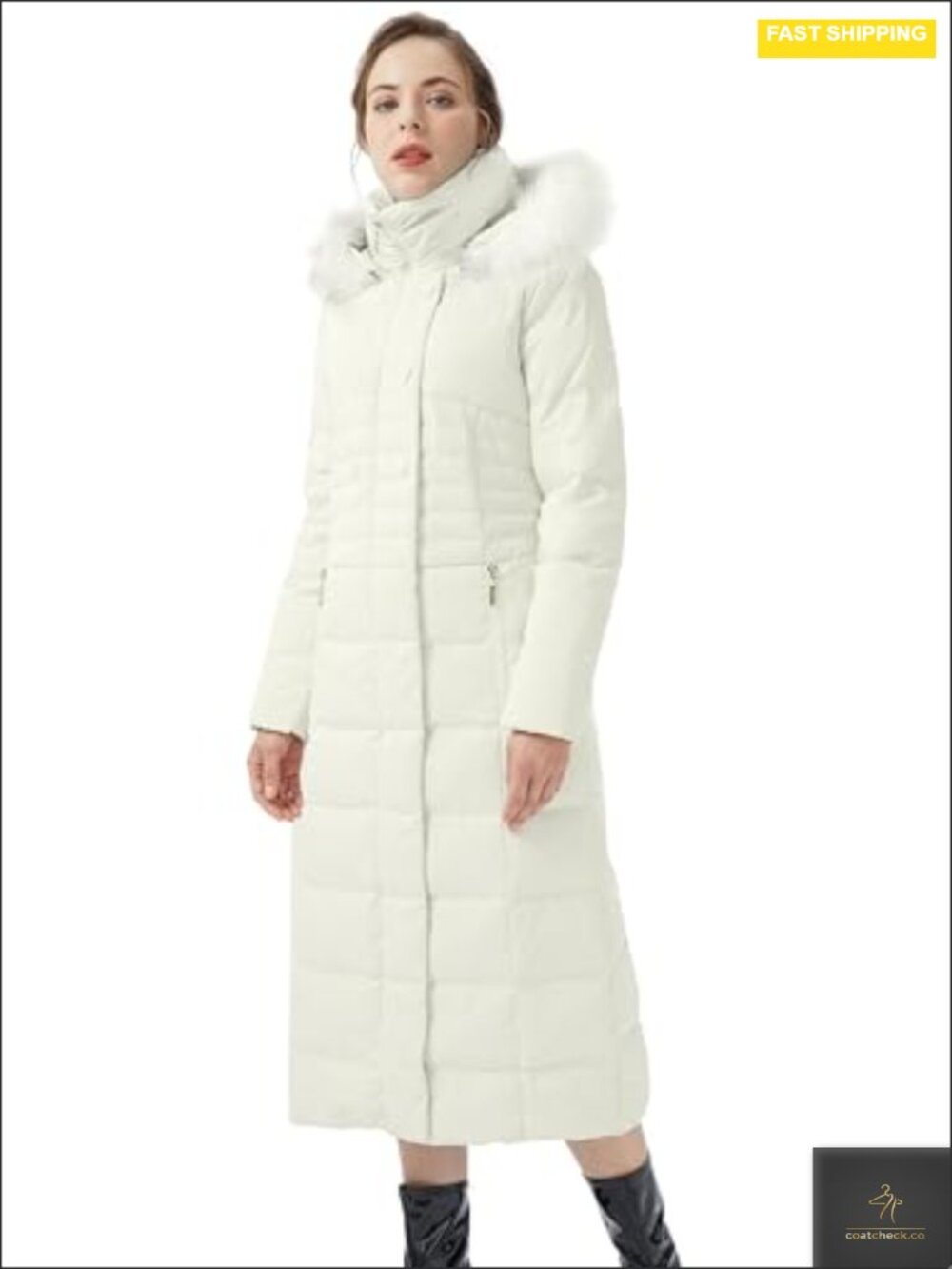Women's Warm Long Down Puffer Coat with Removable Hood Faux Fur Trim 2-Way Zip